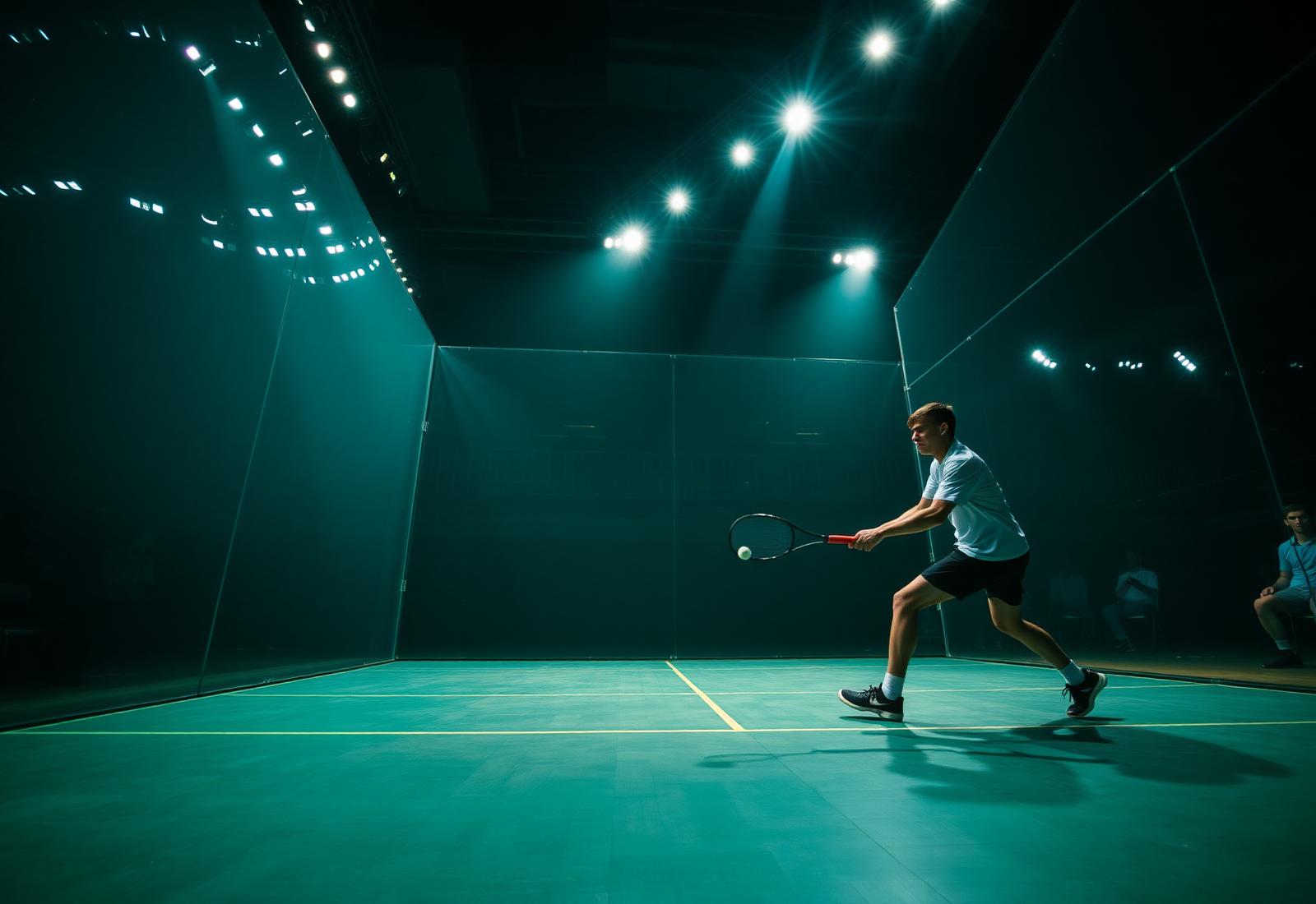 Professional squash player on a glass court under stadium lights