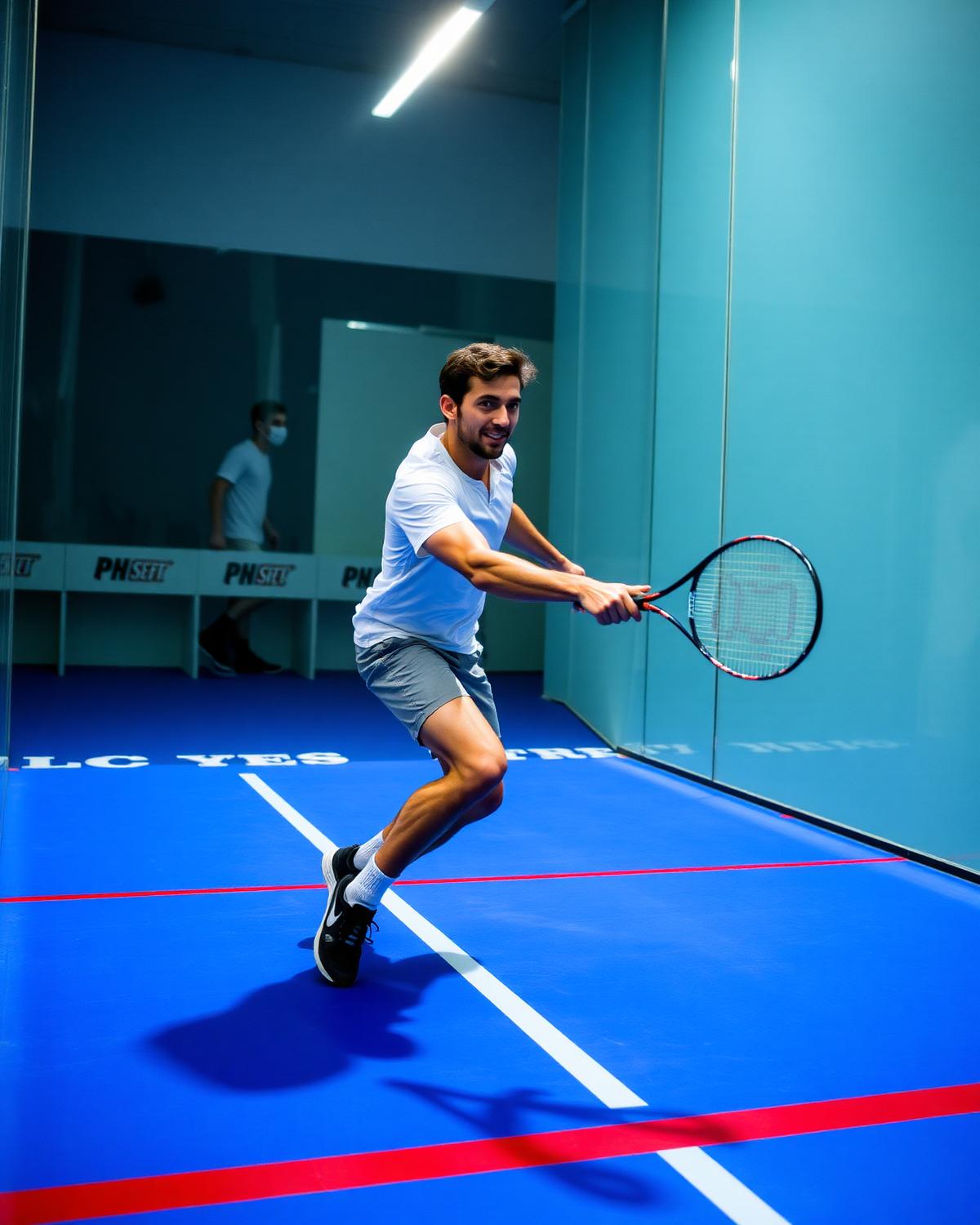 Pro squash player mid-action