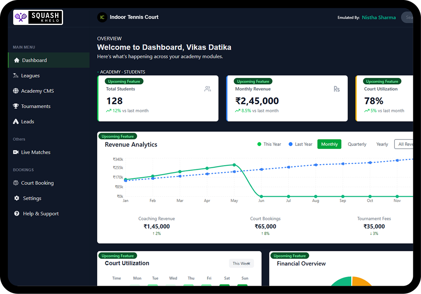 SquashKhelo tournament management dashboard preview